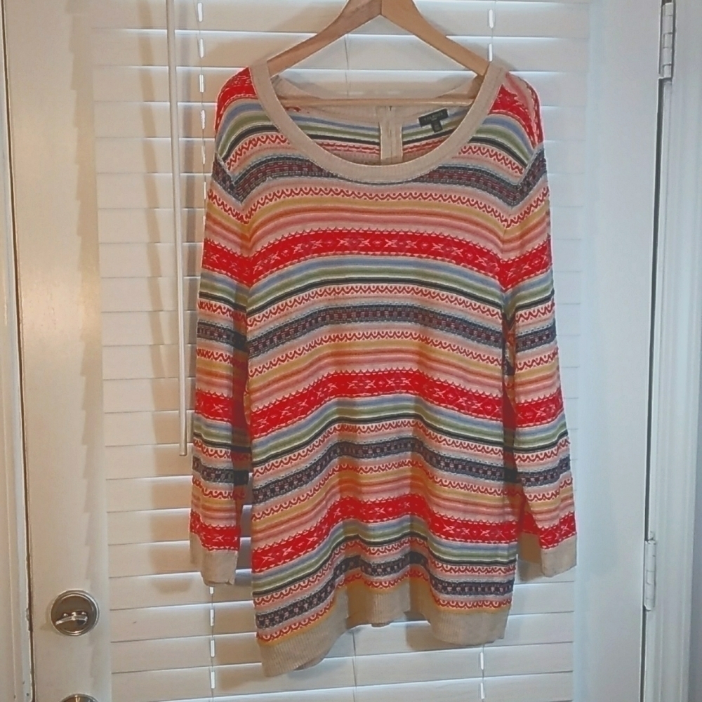 Talbots Wool Blend Multicolor Fair Isle Stripe Stretch Sweater Back Zip Size 2X